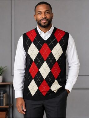 Regal Wear Men's Large Black Red Ivory Argyle V-Neck Sweater Vest Acrylic